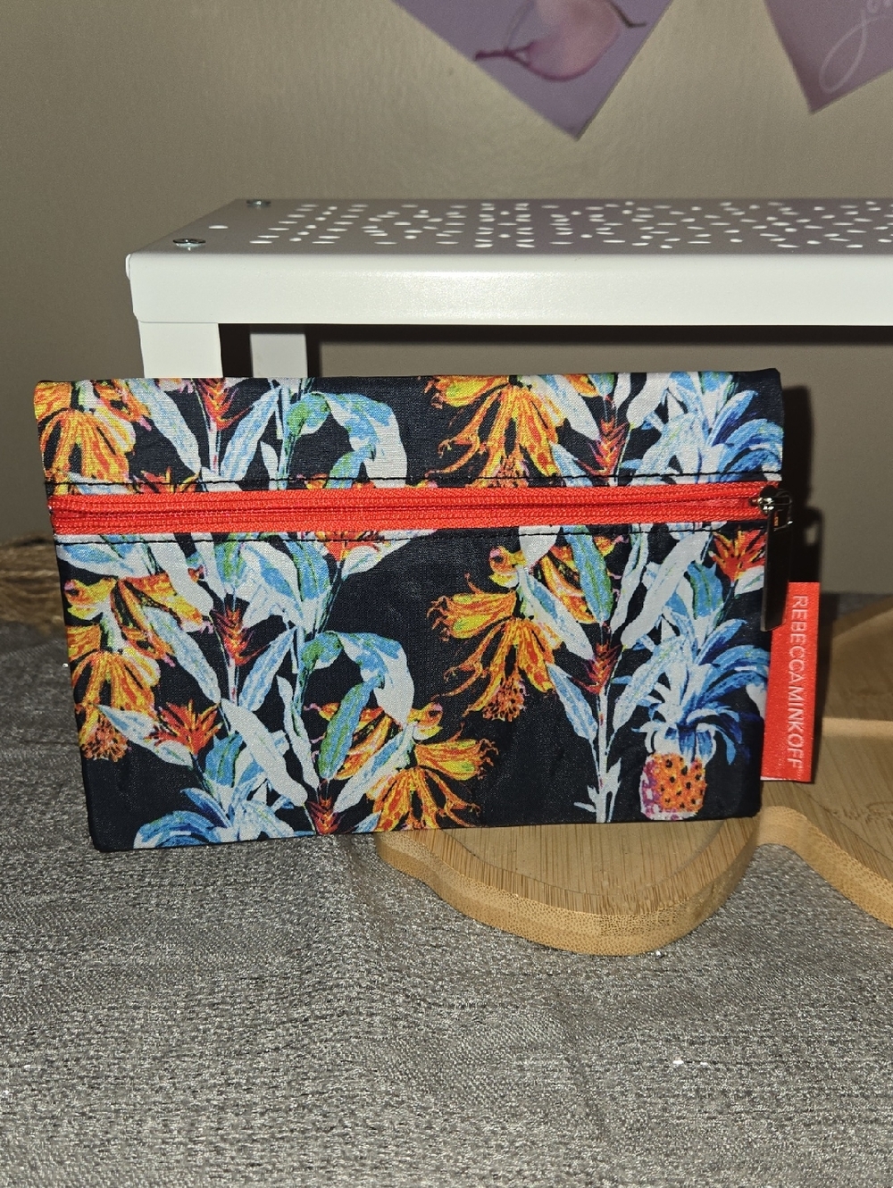 Rebecca Minkoff Black Floral Zip Pouch with Red Zipper